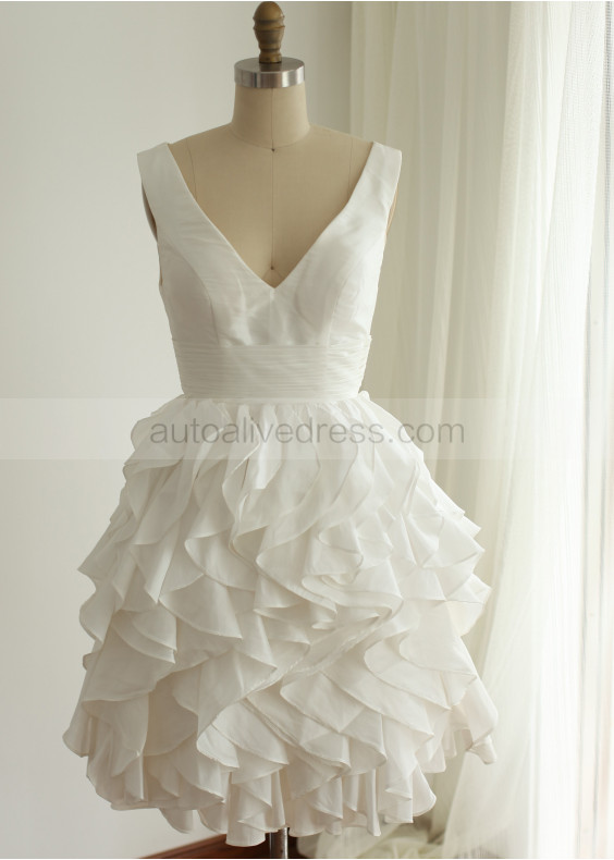 V Neckline Ivory Taffeta Ruffle Skirt Knee Length Wedding Dress